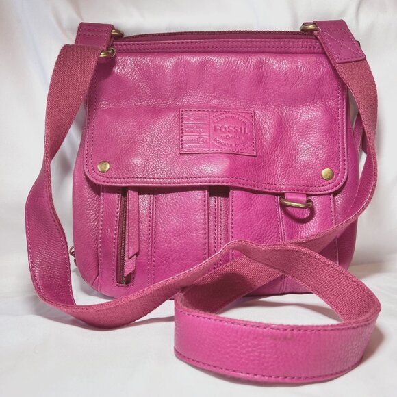 Fossil Hot Pink Crossbody Leather Purse/Bag-Lots of Compartments-Canvas Mix Srap - Picture 6 of 16